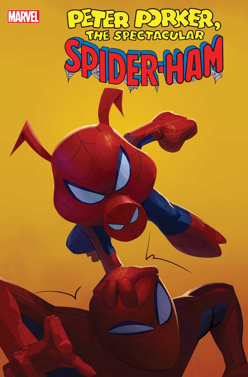 Ham meets Man in the full cover for The Spectacular Spider-Ham #1.